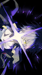  1boy artist_name black_background black_jacket caelus_(honkai:_star_rail) collarbone commentary_request cropped_shoulders grey_hair hair_between_eyes highres honkai:_star_rail honkai_(series) hood hooded_jacket jacket looking_at_viewer male_focus mogi_(green_tea_planet) one_eye_covered open_clothes open_jacket shirt short_hair simple_background solo star_(sky) t-shirt trailblazer_(honkai:_star_rail) two-sided_fabric two-sided_jacket white_shirt yellow_eyes yellow_jacket yellow_pupils 