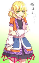  1girl arm_warmers black_shirt black_skirt blonde_hair blush breasts brown_shirt clenched_teeth commentary_request cowboy_shot gradient_background green_background green_eyes grey_scarf hand_on_own_arm looking_afar mizuhashi_parsee parsee_day pointy_ears riders0418 sash scarf shirt short_hair short_sleeves skirt small_breasts solo teeth touhou translation_request undershirt white_background white_sash 