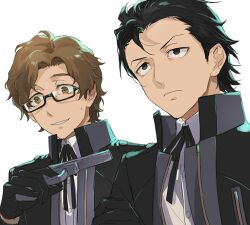  2boys black-framed_eyewear black_eyes black_gloves black_hair black_jacket black_ribbon brown_eyes brown_hair closed_mouth commentary_request dress_shirt glasses gloves gun hair_slicked_back high_collar hiraga_keisuke holding holding_gun holding_weapon isa_(peien516) jacket looking_ahead male_focus multiple_boys neck_ribbon odagiri_hidetoshi persona persona_3 rectangular_eyewear ribbon shirt short_hair sideburns simple_background upper_body weapon white_background white_shirt 