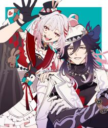  1boy 1girl apron aqua_background argyle_clothes arm_up armlet artist_name ashveil_(honkai:_star_rail) black_choker black_gloves black_hair black_hat black_shirt blunt_bangs border bracelet braid bright_pupils butterfly-shaped_pupils card choker clothing_cutout collarbone colored_inner_hair covered_collarbone cowboy_shot crossed_arms diamond_(shape) diamond_facial_mark earrings facial_mark fingernails floating_hair gloves grey_eyes hand_on_own_hip hand_up hat hat_ornament heart heart_facial_mark highres honkai:_star_rail honkai_(series) jacket japanese_clothes jewelry kimono lapels long_hair long_sleeves looking_at_viewer mini_hat multicolored_hair necklace open_clothes open_jacket open_mouth outside_border pink_hair playing_card red_eyes red_hair red_kimono sailor_collar sakae_0_0 shirt shoulder_cutout sidelocks simple_background single_braid single_earring single_glove skirt smile sparkle_(honkai:_star_rail) sparxie_(honkai:_star_rail) standing streaked_hair symbol-shaped_pupils teeth tongue turtleneck turtleneck_shirt twintails upper_body waist_apron white_apron white_border white_gloves white_hair white_hat white_jacket white_pupils white_skirt wide_sleeves 