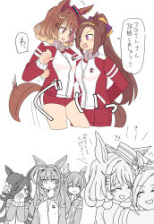 5girls bloomers blush brown_eyes brown_hair closed_eyes commentary_request covering_own_mouth hat highres hug mihono_bourbon_(umamusume) mini_hat multiple_girls north_flight_(umamusume) one-armed_hug ponytail red_shorts rice_shower_(umamusume) sakura_bakushin_o_(umamusume) sakura_chiyono_o_(umamusume) shorts smile tracen_training_uniform umamusume umayoude_su violet_eyes yuri 