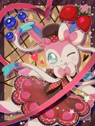  blue_eyes blueberry brown_dress clothed_pokemon commentary_request dress food fruit highres no_humans one_eye_closed pokemon pokemon_(creature) runachikku smile solo strawberry sylveon sylveon_(confectioner) 