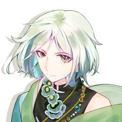  1boy aqua_eyes baiguigelierwan bare_shoulders bead_bracelet beads black_shirt bob_cut bracelet brown_eyes chinese_commentary closed_mouth colored_inner_hair commentary_request earrings expressionless green_robe highres jewelry junzi_huoguo_(the_tale_of_food) light_particles looking_at_viewer male_focus multicolored_hair mushroom off_shoulder parted_bangs portrait robe shirt simple_background sleeveless sleeveless_shirt solo tassel tassel_earrings the_tale_of_food upturned_eyes white_background white_hair 