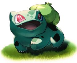  :d bright_pupils bulbasaur claws commentary_request fangs full_body grass hihihi_(akira1204_kirby) looking_up no_humans open_mouth pokemon pokemon_(creature) pokemon_focus red_eyes smile solo standing white_pupils 