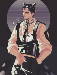 1boy absurdres animal_ears arknights beard_stubble black_necktie cc_guiya cigarette commentary cowboy_shot extra_ears facial_hair facial_mark facing_to_the_side ferdinand_clooney_(arknights) hand_in_own_hair highres holding holding_cigarette leopard_ears leopard_tail male_focus necktie parted_hair serious shirt short_hair sketch sleeves_rolled_up stubble tail untranslatable_commentary white_shirt 