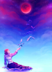  1girl bird closed_mouth clouds cloudy_sky commentary english_commentary freckles full_moon highres kyokugen_dasshutsu kyokugen_dasshutsu_adv:_zennin_shibou_desu long_skirt long_sleeves luna_(kyokugen_dasshutsu) moon on_ground orange_hair outstretched_arm purple_shirt purple_skirt red_moon second-party_source shinoot shirt short_hair signature sitting skirt sky vest white_vest 