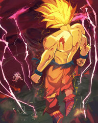  2boys absurdres alien blonde_hair colored_skin dragon_ball dragon_ball_z final_form_frieza frieza from_behind full_body highres multiple_boys muscular muscular_male qishirenzhenhua saiyan son_goku super_saiyan tail white_skin 