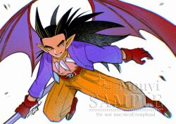  1boy 2026 artist_name belt black_hair boots commentary demon_boy demon_wings dragon_quest dragon_quest_builders_2 flying full_body gloves hair_horns hakama hakama_pants highres holding holding_weapon jacket japanese_clothes jewelry long_hair low_ponytail male_focus mouyi necklace open_clothes open_jacket orange_hakama pants parted_lips pointy_ears ponytail purple_jacket red_belt red_boots red_eyes red_gloves sample_watermark sidon sign skull_belt smile solo tooth_necklace untranslatable_commentary watermark weapon white_background wings 