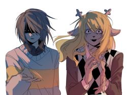  1girl 1other antlers black_eyes blonde_hair brown_hair chinese_commentary collared_shirt commentary commentary_request deer_antlers deer_girl deltarune furry furry_female horns kris_(deltarune) long_hair noelle_holiday outstretched_hand partially_shaded_face red_pupils shirt short_hair si_ben_huan single_horizontal_stripe sweater sweater_vest untranslatable_commentary utdr_(toby_fox) 
