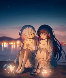  2girls bare_shoulders black_hair black_sandals blurry blurry_background cardigan closed_eyes closed_mouth clouds collarbone colored_inner_hair dress fireworks frilled_dress frills full_body gradient_hair holding holding_fireworks lake long_hair long_sleeves looking_at_another mahou_shoujo_no_majo_saiban multicolored_hair multiple_girls night nikaido_hiro off-shoulder_dress off_shoulder open_mouth pink_hair pinkisangel red_eyes red_hair sakuraba_ema sandals short_hair sitting sky smile star_(sky) white_dress white_hair yuri 