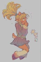  1girl ^^^ antlers black_skirt blonde_hair blush brown_fur chrono_trigger commentary deer_tail deltarune english_commentary furry furry_female green_sweater_vest highres horns inaritenn jumping marle_(chrono_trigger) noelle_holiday open_mouth reference_inset reindeer_antlers reindeer_girl school_uniform skirt surprised sweater_vest tail utdr_(toby_fox) 