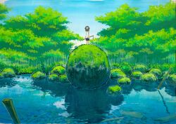  ambiguous_gender artist_request bident blue_sky blurry depth_of_field diving_helmet green_theme helmet highres holding holding_polearm holding_weapon lake loca! mold official_art polearm shorts sky standing tank_top weapon 