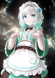  1girl absurdres ahoge apron aqua_dress aqua_hair aqua_nails aqua_sleeves blue_bow blue_eyes bow bowtie brown_bow brown_bowtie closed_mouth commentary densetsu.exe detached_sleeves dimensionless88 dress gradient_hair green_dress green_sleeves hair_bow hair_ornament highres looking_at_viewer maid maid_apron maid_headdress medium_hair mint_fantome mint_fantome_(minto_2.0) multicolored_hair pointy_ears pussy smile solo striped_clothes striped_dress triangular_headpiece two_side_up untranslatable_commentary vertical-striped_clothes vertical-striped_dress virtual_youtuber waist_apron white_hair x_hair_ornament 