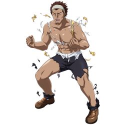  1boy abs black_pants brown_eyes brown_hair brown_shoes clenched_hands dark-skinned_male dark_skin earrings fighting_stance full_body gakushuu_(ikkitousen) game_asset grey_headband hands_up headband ikkitousen ikkitousen_extra_burst jewelry legs_apart loafers looking_at_viewer magatama magatama_earrings male_focus muscular muscular_male nanyou_academy_uniform navel no_nipples non-web_source official_art open_mouth pants pectorals penny_loafers school_uniform self-datamine shoes short_hair short_sleeves simple_background solo teeth topless_male torn_clothes torn_pants transparent_background 