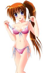  bikini blue_eyes blush eye_contact front-tie_top highres long_hair mahou_shoujo_lyrical_nanoha mahou_shoujo_lyrical_nanoha_strikers navel open_mouth orange_hair otoki_raku shiny shiny_skin side-tie_bikini side_ponytail skindentation small_waist smile strap_lift strap_pull swimsuit takamachi_nanoha thigh_gap 