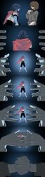  2others absurdres armor armored_boots black_unitard blue_hair blue_skin boots brown_hair cape chinese_commentary colored_skin commentary_request deltarune grey_sweater highres kris_(deltarune) multiple_others open_mouth other_focus partial_commentary pink_cape short_hair side_cape sweater utdr_(toby_fox) vessel_(deltarune) yunlin_e 