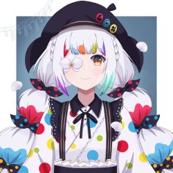  1girl aizawa_hamu beret bow braid closed_mouth commentary_request flower flower_in_eye hair_ornament hat highres hime_cut japanese_clothes jogasaki_noah kimono lolita_fashion looking_at_viewer magical_girl mahou_shoujo_no_inshuu_mura mahou_shoujo_no_majo_saiban multicolored_eyes multicolored_hair obi petals polka_dot polka_dot_bow polka_dot_kimono sash smile symbol_in_eye twin_braids wa_lolita 
