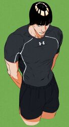  1boy arms_behind_back black_hair black_shorts blunt_bangs bowl_cut closed_mouth commentary_request cowboy_shot cropped_legs green_background grey_shirt highres korean_commentary m0_mo_momo male_focus might_guy muscular muscular_male naruto_(series) shirt short_hair shorts solo thick_eyebrows tight_clothes tight_shirt 