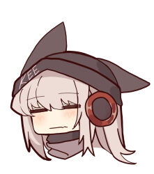  1girl :| =_= animal_ears arknights beanie black_hat blush chibi closed_eyes closed_mouth clothes_writing ears_through_headwear fox_ears fox_girl frostleaf_(arknights) grey_hair hat head_only headphones highres implied_extra_ears long_hair solo suzubotan wavy_mouth 