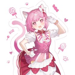  1girl :o animal_ear_fluff animal_ears bare_arms blush bow bubble_skirt candy candy_print cat_ears cat_tail commentary food food_print framed_cleavage gloves hair_bow hair_ornament hand_up heart highres lollipop makka_potato official_alternate_costume ootori_emu open_mouth outline paw_print pink_eyes pink_hair project_sekai short_hair short_sleeves simple_background skirt solo standing tail tareme teeth untranslatable_commentary upper_teeth_only white_background white_gloves white_skirt 