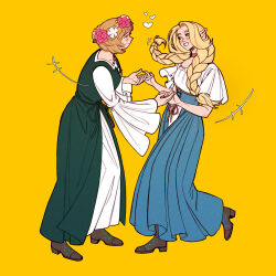  2girls absurdres alternate_costume black_boots blonde_hair blue_skirt boots braid brown_eyes brown_hair choker closed_mouth commentary dress dungeon_meshi elf english_commentary eye_contact falin_touden falin_touden_(tallman) flower full_body green_dress green_eyes head_wreath heart high-waist_skirt highres holding_hands layered_dress light_blush lindriart long_hair long_sleeves looking_at_another marcille_donato multiple_girls open_mouth pink_flower pointy_ears red_choker shirt short_hair short_sleeves simple_background skirt smile standing standing_on_one_leg twin_braids white_dress white_shirt wide_sleeves yellow_background yellow_flower 