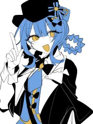  1girl :d black_bow black_bowtie black_capelet black_hat blue_hair blue_necktie blue_skirt blue_vest bow bowtie braid braided_hair_rings capelet collared_shirt colored_mouth commentary_request deerstalker hair_bow hair_rings hat hat_bow highres long_sleeves looking_at_viewer mahou_shoujo_no_majo_saiban necktie open_mouth sabi_kkr shirt short_hair simple_background skirt smile solo tachibana_sherry upper_body vest white_background white_shirt yellow_eyes 