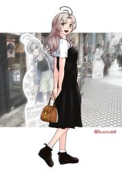  1girl absurdres alternate_costume antenna_hair bag black_dress black_shoes cardboard_cutout casual commentary_request dress full_body green_eyes grey_hair highres kantai_collection kinugasa_(kancolle) kinugasa_(kure_2022)_(kancolle) kinugasa_kai_ni_(kancolle) long_hair monochrome photo_background road shirt shoes smile solo sorairo_haruka street twitter_username white_shirt 