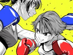  2girls blue_gloves boxing boxing_gloves breasts commentary_request flying_sweatdrops gloves greyscale_with_colored_background hatching_(texture) highres lee_(dragon_garou) medium_breasts mouth_guard multiple_girls original ponytail red_gloves short_hair small_breasts smile sports_bra spot_color sweat yellow_background 
