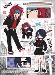  1boy 1girl 2026 abarai_renji artist_name bandaid bandaid_on_cheek bandaid_on_face belt black_hair black_jacket black_sailor_collar black_serafuku black_shirt bleach blue_headband blush brown_shoes clothes_grab commentary_request copyright_name couple crossed_bandaids damgomway dated flying_sweatdrops gakuran grabbing_another's_shirt grin hair_over_one_eye hand_on_own_hip headband hetero jacket korean_commentary kuchiki_rukia loafers long_hair midriff miniskirt necktie official_alternate_costume original over_shoulder pleated_skirt rabbit red_hair red_necktie red_shirt red_shoes sailor_collar school_uniform serafuku shirt shoes short_hair skirt smile sneakers socks suit_jacket teeth twintails weapon weapon_over_shoulder white_belt white_socks 