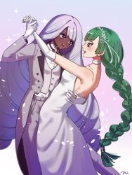  0393_piplup 2girls alternate_costume arm_around_another's_waist bare_shoulders blush braid braided_ponytail breasts bride commentary_request dark-skinned_female dark_skin dress gloves green_hair grey_jacket grey_pants highres jacinthe_(pokemon) jacket lebanne_(pokemon) long_hair long_sleeves low_drills medium_breasts multiple_girls open_mouth pants pokemon pokemon_legends:_z-a purple_hair shirt smile strapless strapless_dress veil very_dark_skin very_long_braid vest violet_eyes wedding_dress white_dress white_gloves white_shirt white_vest wife_and_wife yuri 