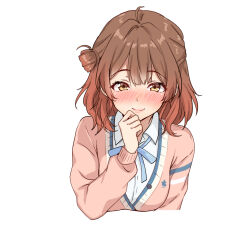  1girl amagi_(amagi626) blush brown_hair closed_mouth commentary_request gakuen_idolmaster gradient_hair hair_bun hanami_ume hatsuboshi_gakuen_school_uniform idolmaster looking_at_viewer multicolored_hair red_hair school_uniform shirt simple_background single_hair_bun smile upper_body white_background white_shirt 
