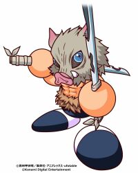  1boy artist_request blue_eyes blue_pants blue_shoes boar_mask commentary_request copyright_notice dual_wielding fur-trimmed_pants fur_trim hashibira_inosuke highres holding holding_sword holding_weapon jikkyou_powerful_pro_yakyuu jikkyou_powerful_pro_yakyuu_(style) katana kimetsu_no_yaiba multicolored_shoes muscular muscular_male official_art pants power_pro_appli rayman_limbs shoes solo sword topless_male two-tone_shoes weapon white_background white_shoes 