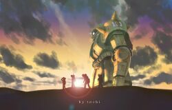 4boys army artist_name cable clouds cloudy_sky commentary_request desert english_text gundam lens_flare mecha military_uniform mobile_suit mobile_suit_gundam multiple_boys nights_(iovjat5tfuq3inz) one-eyed_mecha realistic robot science_fiction sky soldier sun sunlight walking zaku_desert_type zaku_ii zeon 