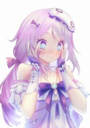  1girl blue_eyes blush bow citlali_(genshin_impact) citlali_(whispers_of_stars_and_smoke)_(genshin_impact) commentary facial_mark genshin_impact hands_on_own_face highres junebuart long_hair low_twintails purple_bow purple_hair sleep_mask twintails untranslatable_commentary white_background 