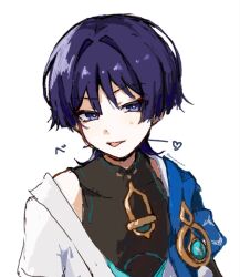  1boy :p anemo_symbol_(genshin_impact) black_bodysuit blue_cape blue_gem blue_kimono blunt_ends bodysuit cape choppy_bangs commentary_request covered_collarbone eyeliner gem genshin_impact hair_intakes haru_sakura3915 heart highres japanese_clothes juban kimono makeup male_focus mandarin_collar open_clothes open_kimono pom_pom_(clothes) portrait purple_hair red_eyeliner scaramouche_(genshin_impact) shoulder_peek side_cape sketch solo tongue tongue_out twitter_username violet_eyes wanderer_(genshin_impact) white_background white_kimono white_sleeves 