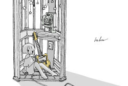 1girl absurdres barefoot cable commentary electric_guitar greyscale guitar highres instrument kaduise monochrome on_floor original oversized_clothes oversized_shirt payphone phone phone_booth shirt short_hair signature sitting solo spot_color star_(symbol) 