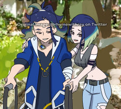  1boy 1girl adaman_(pokemon) black_choker blue_hair blue_jacket blue_pants breasts brown_eyes choker commentary crop_top earrings english_commentary eyebrow_cut green_hair highres jacket jewelry medium_breasts meme midriff mobility_walker multicolored_hair navel pants perrin_(pokemon) pokemon pokemon_legends:_arceus pokemon_scarlet_and_violet ponytail rhymewithray single_earring sure_grandma_let's_get_you_to_bed_(meme) twitter_username watermark 