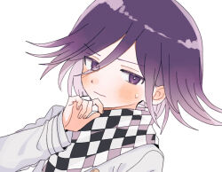  1boy black_scarf blush checkered_clothes checkered_scarf closed_mouth commentary_request danganronpa_(series) danganronpa_v3:_killing_harmony eyes_visible_through_hair hair_between_eyes hand_on_own_chin jacket long_sleeves male_focus medium_hair moi03_moi08 oma_kokichi purple_hair scarf simple_background solo sweat two-tone_scarf upper_body violet_eyes white_background white_jacket white_scarf 