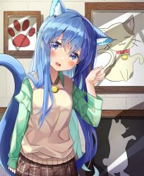  1girl animal_ear_fluff animal_ears bad_id bad_twitter_id bell blue_eyes blue_hair blush brown_skirt brown_sweater_vest cat cat_ears cat_tail commentary furude_rika green_shirt head_tilt highres higurashi_no_naku_koro_ni inactive_account jingle_bell long_sleeves open_mouth paw_pose plaid_clothes plaid_skirt shirt sinrin_uo skirt solo sweater_vest tail 