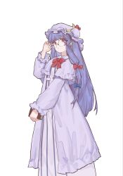  1girl blue_bow bow bowtie capelet capybara_(trafficcone09) commentary crescent crescent_hat_ornament dress hair_bow hat hat_ornament highres long_hair looking_at_viewer mob_cap patchouli_knowledge pink_capelet pink_dress pink_hat purple_hair red_bow red_bowtie round_eyewear simple_background solo striped_clothes striped_dress touhou vertical-striped_clothes vertical-striped_dress very_long_hair violet_eyes white_background 