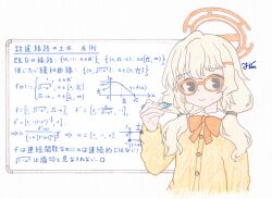  aoba_(blue_archive) blue_archive bow brown_shirt calculus collar colored_pencil_(medium) facing_viewer glasses graphite_(medium) halo highres holding holding_marker junwen971 light_smile long_sleeves marker math orange-framed_eyewear orange_bow orange_halo pac-man_eyes shirt simple_background sweat sweatdrop teacher traditional_media upper_body white_collar whiteboard 