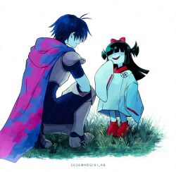  1girl 1other aqua_(deltarune) aqua_dress aqua_skin armor black_hair blue_hair blue_skin bow colored_skin commentary covered_eyes deltarune dress hair_bow highres kris_(dark_world)_(deltarune) kris_(deltarune) long_hair long_sleeves looking_at_another negio_(negi91_rb) open_mouth red_bow shoes short_hair simple_background sleeves_past_fingers sleeves_past_wrists smile utdr_(toby_fox) 