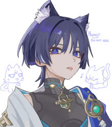  1boy :p animal_ear_fluff animal_ears animal_print aqua_gem artist_name black_bodysuit black_hair blue_cape blue_kimono blunt_ends bodysuit cape cat_ears cat_print choppy_bangs colored_inner_hair commentary_request covered_collarbone eyeliner gem genshin_impact gold grey_pupils highres japanese_clothes juban kimono looking_at_viewer makeup male_focus mandarin_collar multicolored_hair musical_note nonoji_(nonoji_ekaki) open_clothes open_kimono pom_pom_(clothes) portrait purple_hair red_eyeliner scaramouche_(cat)_(genshin_impact) scaramouche_(genshin_impact) shoulder_peek side_cape solo streaked_hair tongue tongue_out tsurime violet_eyes wanderer_(genshin_impact) white_background white_kimono 
