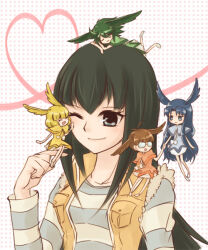  5girls blonde_hair blue_dress blue_hair brown_hair carly_nagisa commentary_request dress duel_monster fairy fortune_fairy_chee fortune_fairy_hikari fortune_fairy_hu fortune_fairy_swee green_dress green_hair head_wings heart long_hair multiple_girls one_eye_closed orange_dress poplovers shirt smile striped_clothes striped_shirt wings yellow_dress yu-gi-oh! yu-gi-oh!_5d's 
