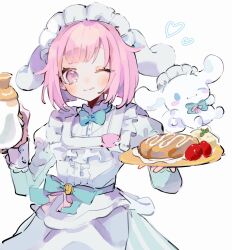  1girl :3 aqua_bow aqua_bowtie bad_id bad_twitter_id blue_eyes bow bowtie cinnamoroll closed_mouth crossover frills hands_up heart highres holding holding_plate i9sas long_sleeves looking_at_viewer maid_headdress official_alternate_costume one_eye_closed ootori_emu pink_eyes pink_hair plate project_sekai sanrio short_hair simple_background tongue tongue_out white_background 