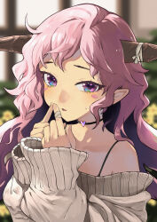  1girl bandaged_fingers bandages bandaid bandaid_on_hand bandaid_on_shoulder bare_shoulders black_choker blurry blurry_background blush bra_strap choker clip_studio_paint collarbone commentary demon_girl demon_horns depth_of_field eudetenis grey_sweater heart heart_choker highres horns indoors jewelry long_hair long_sleeves looking_at_viewer off-shoulder_sweater off_shoulder original parted_lips personification pink_eyes pink_hair pointy_ears sleeves_past_wrists solo sweater upper_body variant_set wavy_hair 