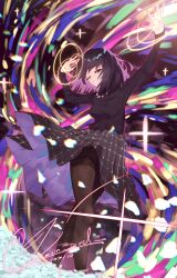  1girl absurdres black_eyes black_hair black_pantyhose black_skirt black_sweater breasts commentary dated highres kevin3rd kuonji_alice long_sleeves looking_at_viewer magic_circle mahou_tsukai_no_yoru medium_breasts medium_hair one_eye_closed pantyhose skirt smile solo sweater swirl teeth twitter_username untranslatable_commentary 