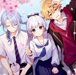  1girl 2boys black_bow black_headband black_necktie blonde_hair blue_hair blue_neckerchief bow brown_jacket brown_pants cherry_blossoms closed_eyes closed_mouth cup disposable_cup drinking_straw genshin_impact green_eyes grey_eyes hair_bow hair_ribbon headband highres holding holding_cup hood hoodie jacket jewelry kamisato_ayaka kamisato_ayaka_(heytea) kamisato_ayato kamisato_ayato_(heytea) long_hair long_sleeves multiple_boys neckerchief necklace necktie pants pink_ribbon red_hoodie ribbon school_uniform shirase_(shirose) shirt short_hair smile striped_clothes striped_necktie thoma_(genshin_impact) thoma_(gigo)_(genshin_impact) white_shirt 