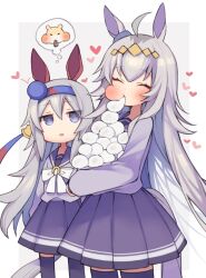  animal_ears blue_hairband bow bowtie chipmunk commentary_request ear_covers ear_ornament eating glutton grey_tail hairband headband highres horse_ears horse_girl horse_tail horseshoe_ornament k0bo43 multicolored_hairband oguri_cap_(umamusume) pleated_skirt purple_bow purple_bowtie purple_sailor_collar purple_serafuku purple_shirt purple_skirt sailor_collar sailor_shirt school_uniform serafuku shirt skirt squirrel striped_clothes striped_hairband tail tamamo_cross_(umamusume) tracen_school_uniform two-tone_hairband umamusume white_bow white_bowtie winter_uniform 
