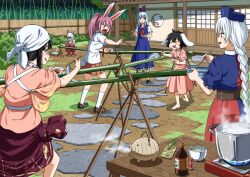 6+girls animal_ears bamboo bamboo_forest bamboo_print black_hair blue_dress bow carrot carrot_necklace commentary_request constellation constellation_print cooking dress floppy_ears food forest fujiwara_no_mokou hair_bow hat houraisan_kaguya inaba_tewi inuno_rakugaki jewelry kamishirasawa_keine long_hair long_skirt multicolored_dress multiple_girls nature necklace necktie noodles nurse_cap ofuda ofuda_on_clothes pants pink_skirt purple_hair rabbit_ears rabbit_girl rabbit_tail red_eyes red_pants reisen_udongein_inaba skirt suspenders tail touhou white_hair wide_sleeves yagokoro_eirin 